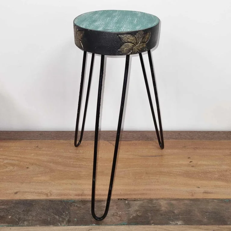 Albasia wood plant stand with turquoise accents and gold detail.