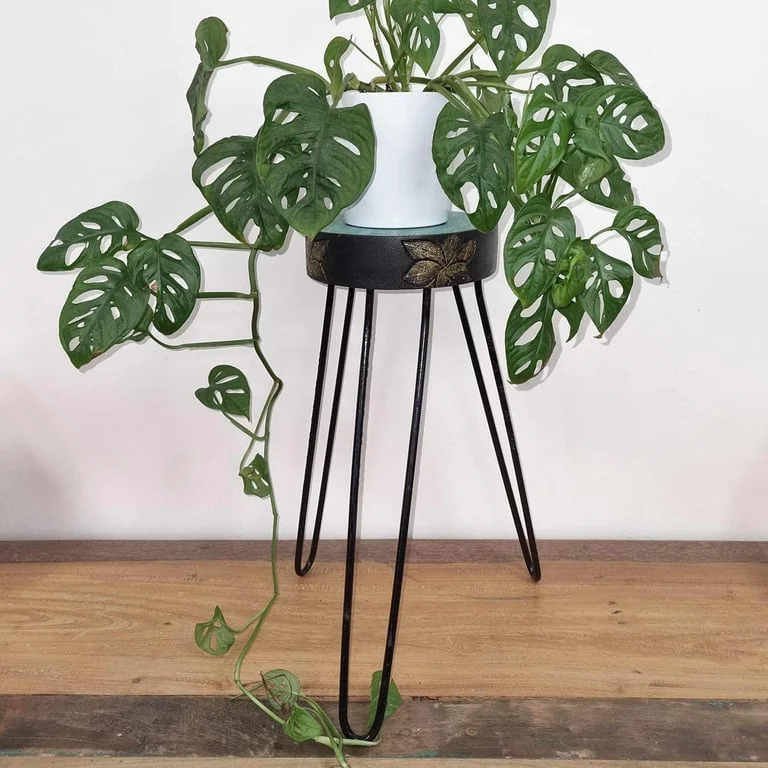 Turquoise plant stand with gold detail, wooden construction