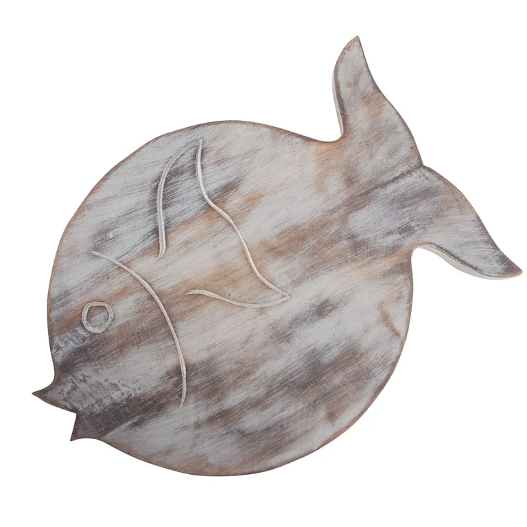 Albasia wood fish stand in whitewash style, showcasing its sleek wooden construction.