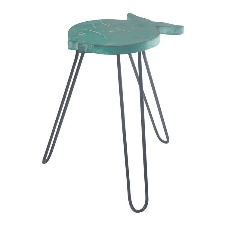 Turquoise wooden fish stand by Albasia, a wooden fish ornament positioned on a wooden surface