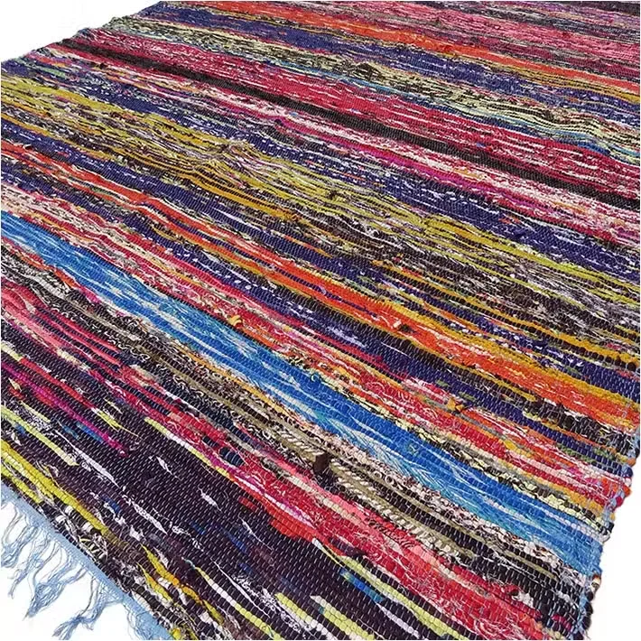Blue luxury rag rug measuring 153 x 90cm laid flat showing textured fabric and woven pattern