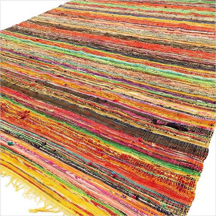 Yellow luxury rag rug measuring 154 x 90cm laid flat showing texture and pattern details