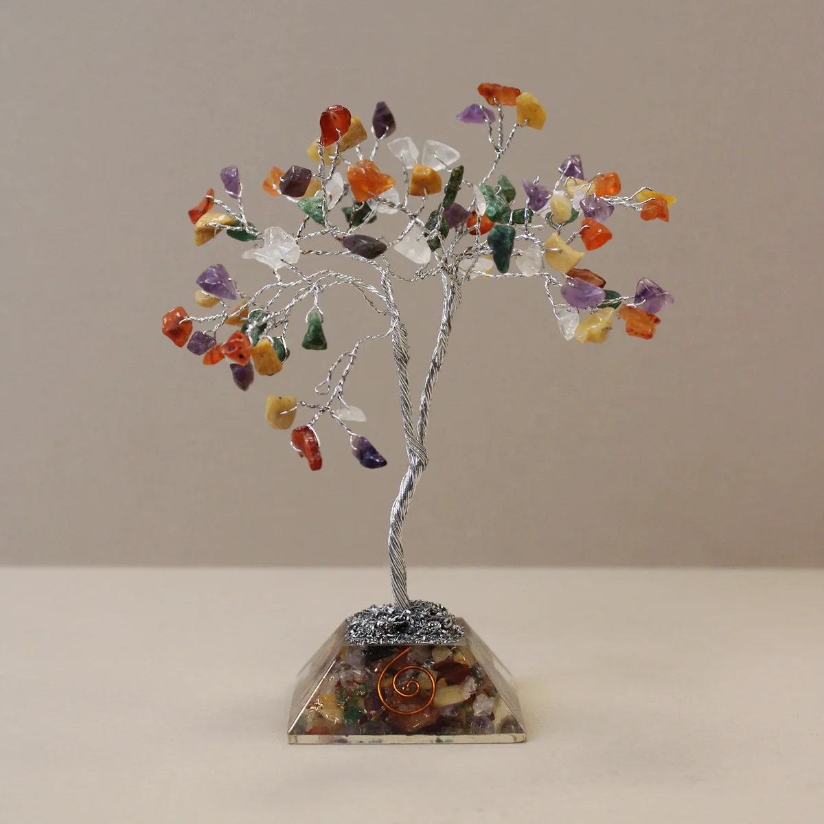 Multi stone tree decor with 80 colorful gemstone leaves on an organite base, showcasing vibrant natural stones