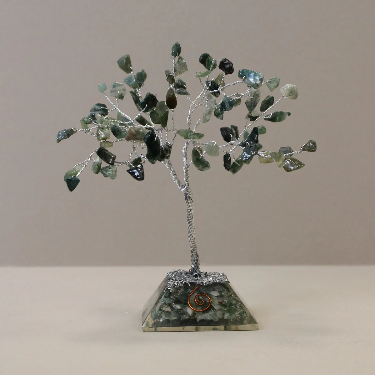 Gemstone tree ornament with 80 moss agate stones on a square organite base, decorative and natural design