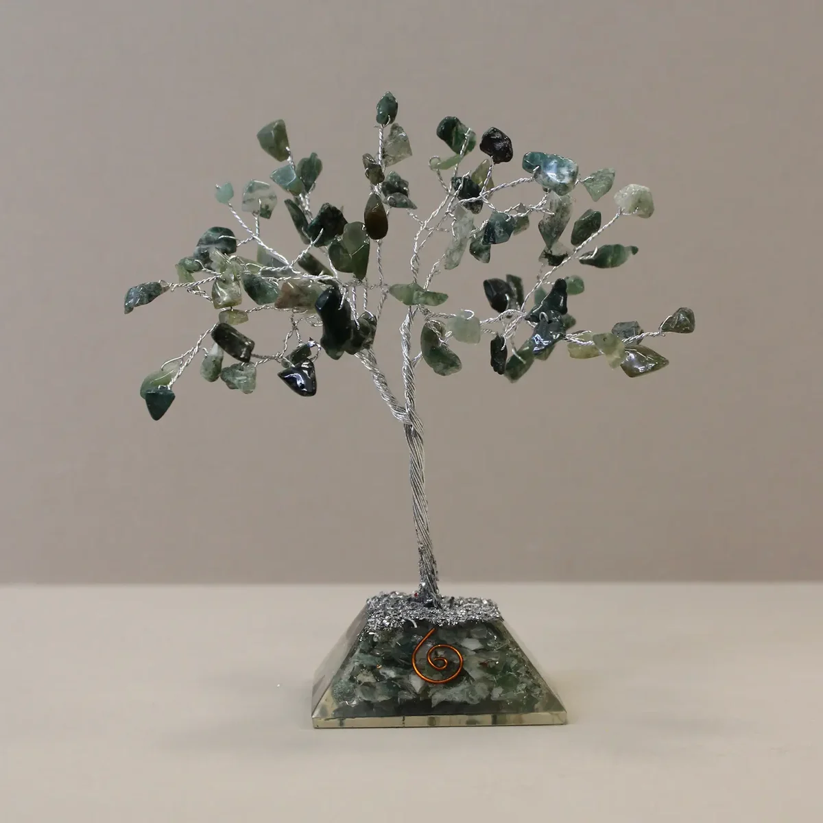 Decorative moss agate tree with 80 gemstone leaves on an organite base for home or office display