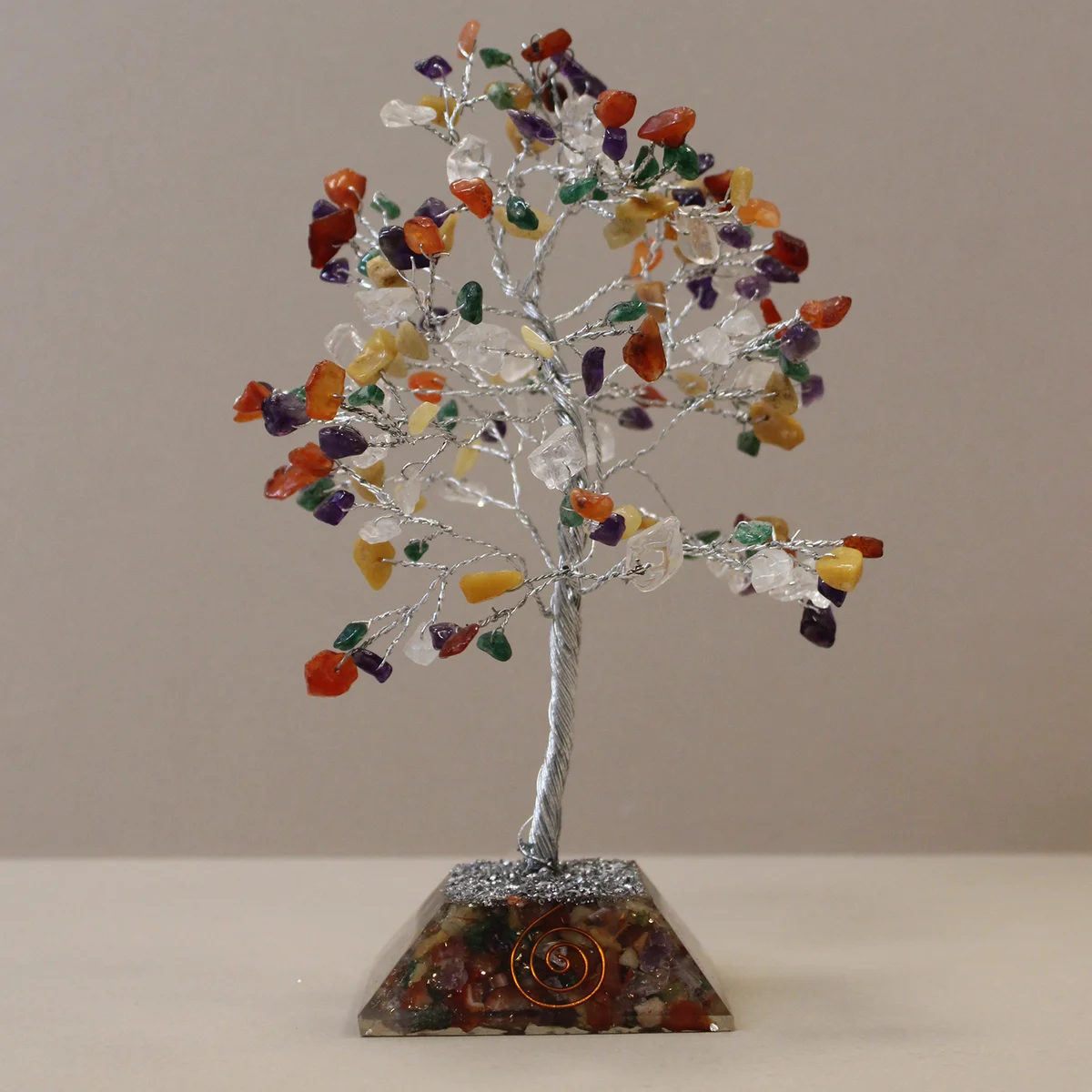 Multi stone tree with 160 colorful gemstones on branches and organite base in multi colors on white background