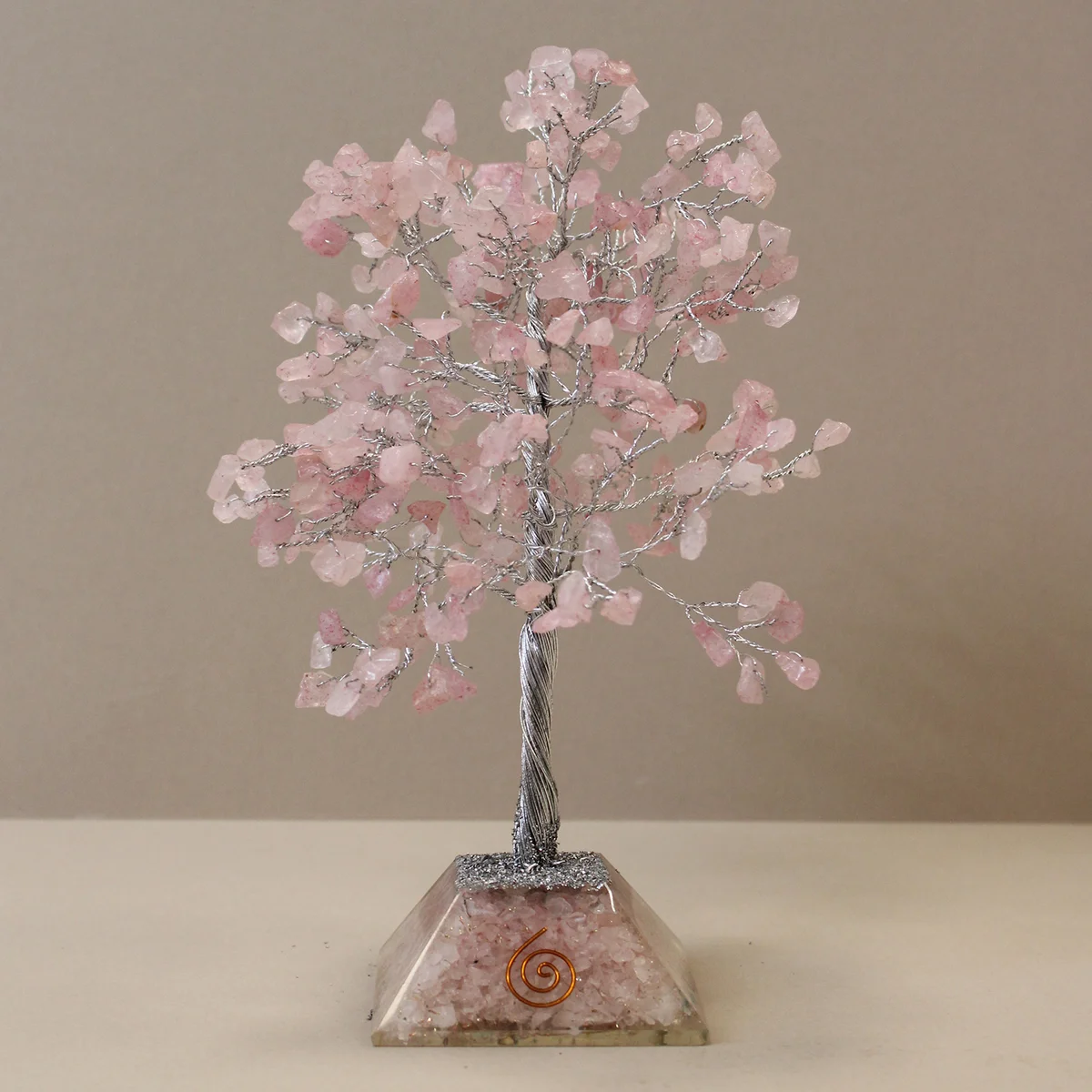 Rose quartz gemstone tree with pink crystal leaves on a white organite base decoration with 320 stones