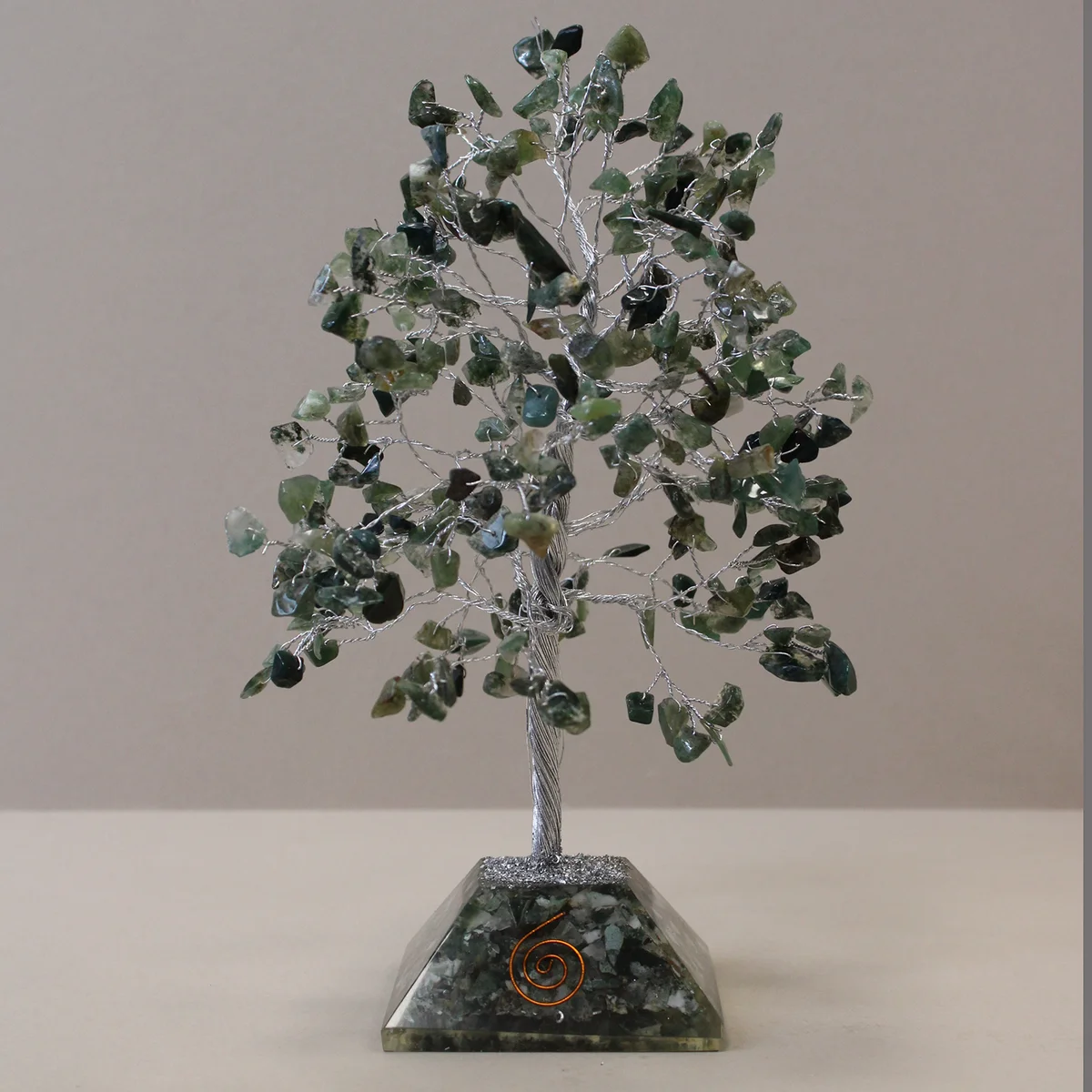 Gemstone tree with green moss agate stones on a decorative organite base decoration with 320 stones