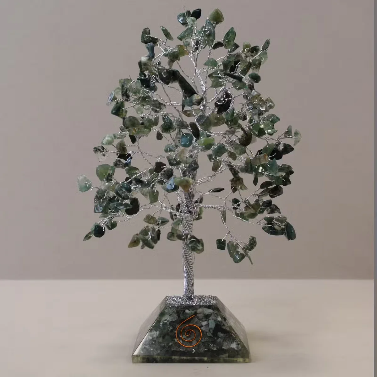 Gemstone tree with moss agate leaves on a black organite base, crystal gemstone decor for home or office display