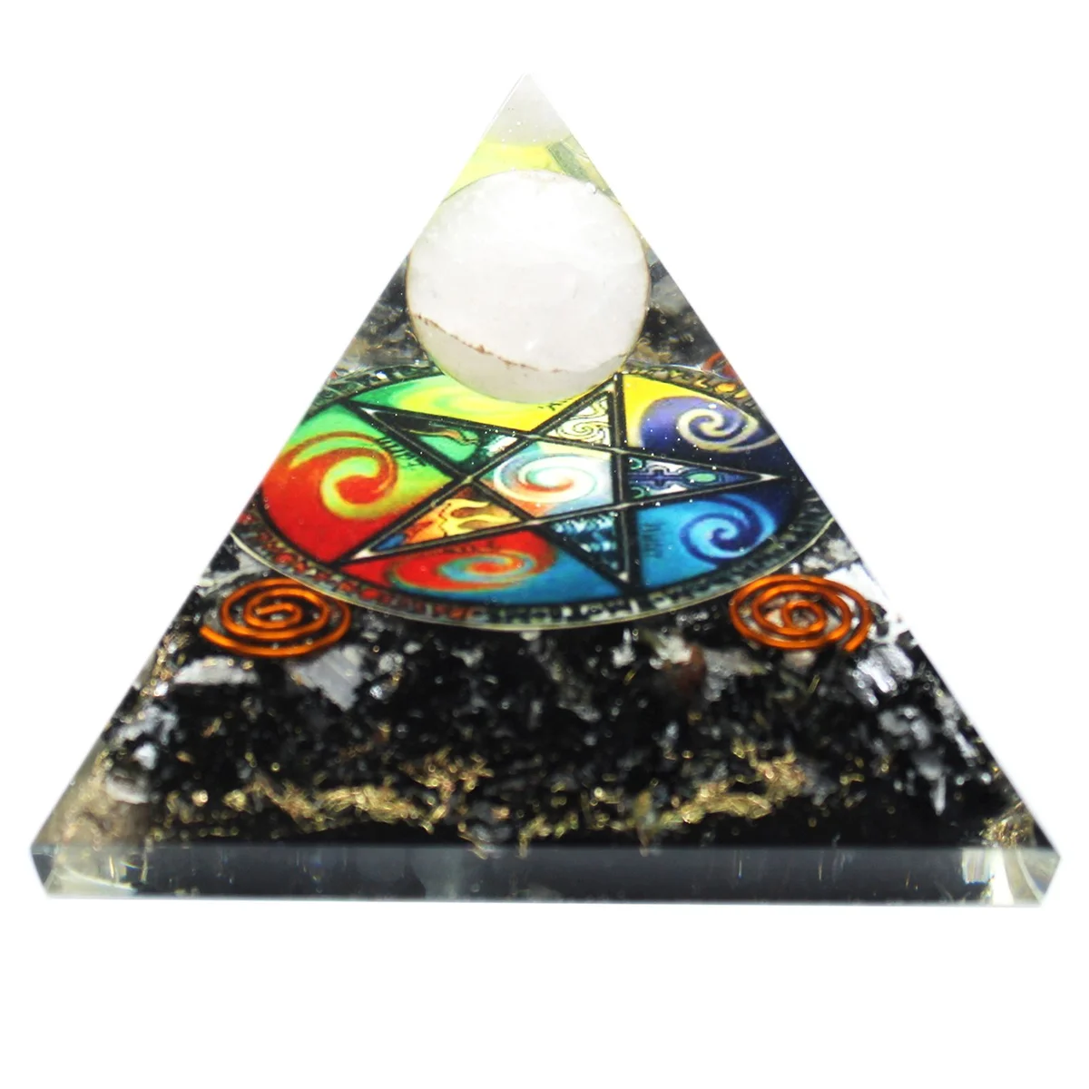 Orgonite pyramid in midnight pentagon design, 70mm size, showing dark geometric shape on white background