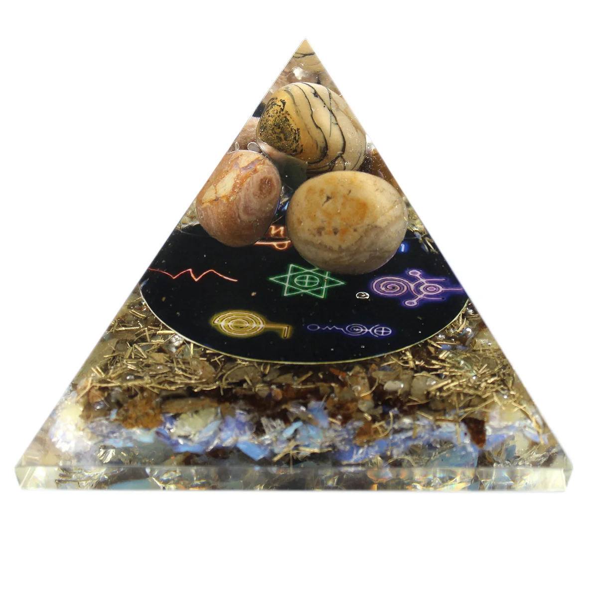 Midnight Reiki orgonite pyramid in dark tones, 70mm orgonite decor with smooth polished finish on a white background