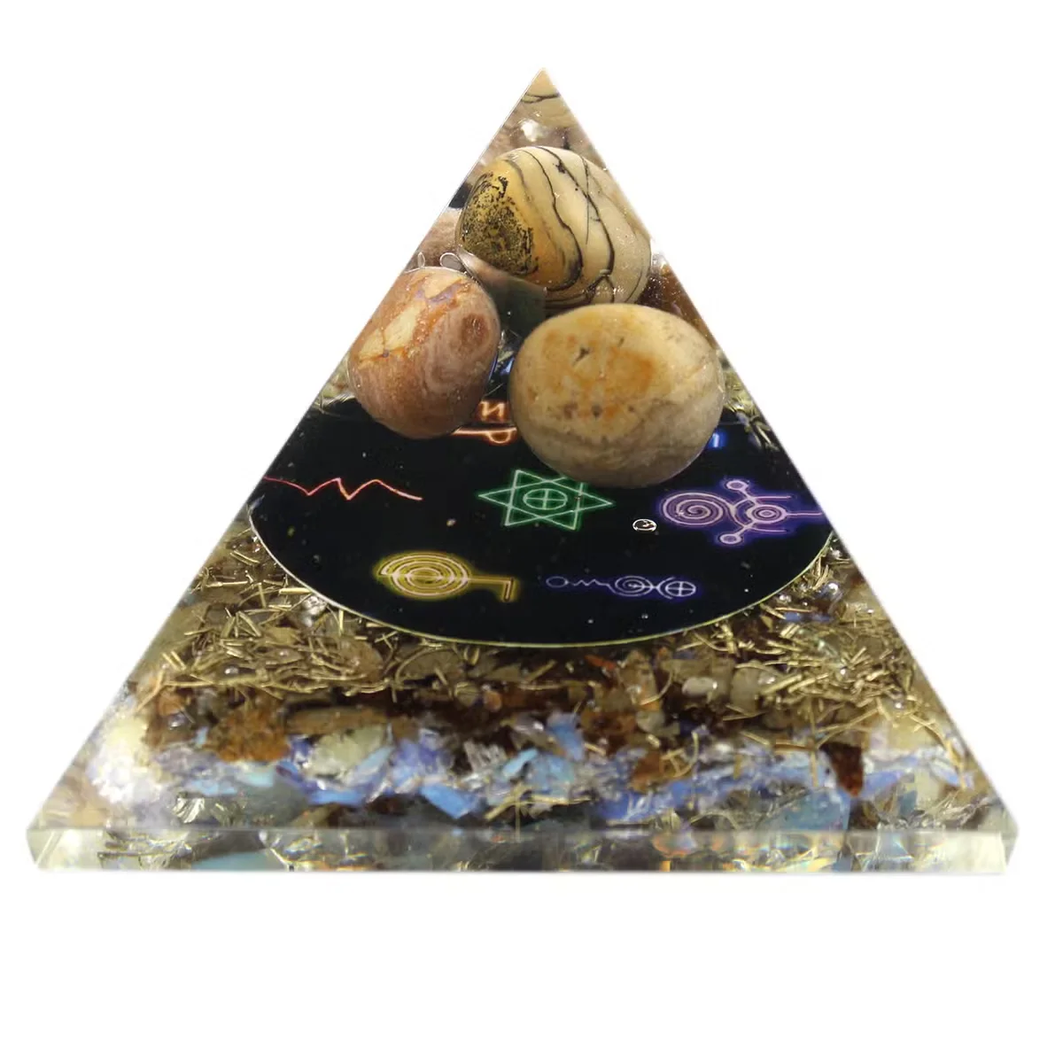 70mm Orgonite Pyramid in Midnight Reiki design, energy healing pyramid with layered resin and metal inclusions