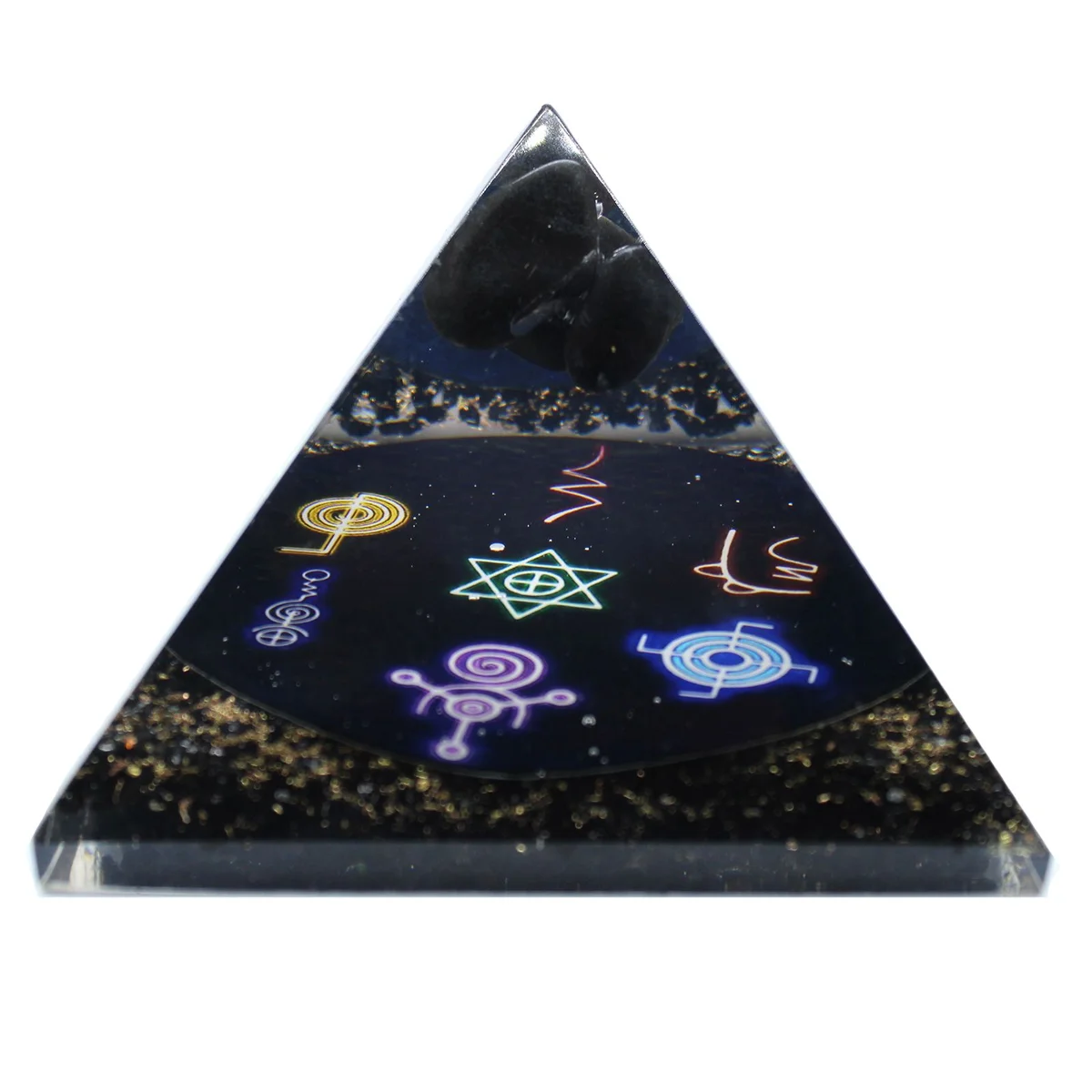 Small 90mm orgonite pyramid with midnight reiki design, smooth polished surface, and layered structure