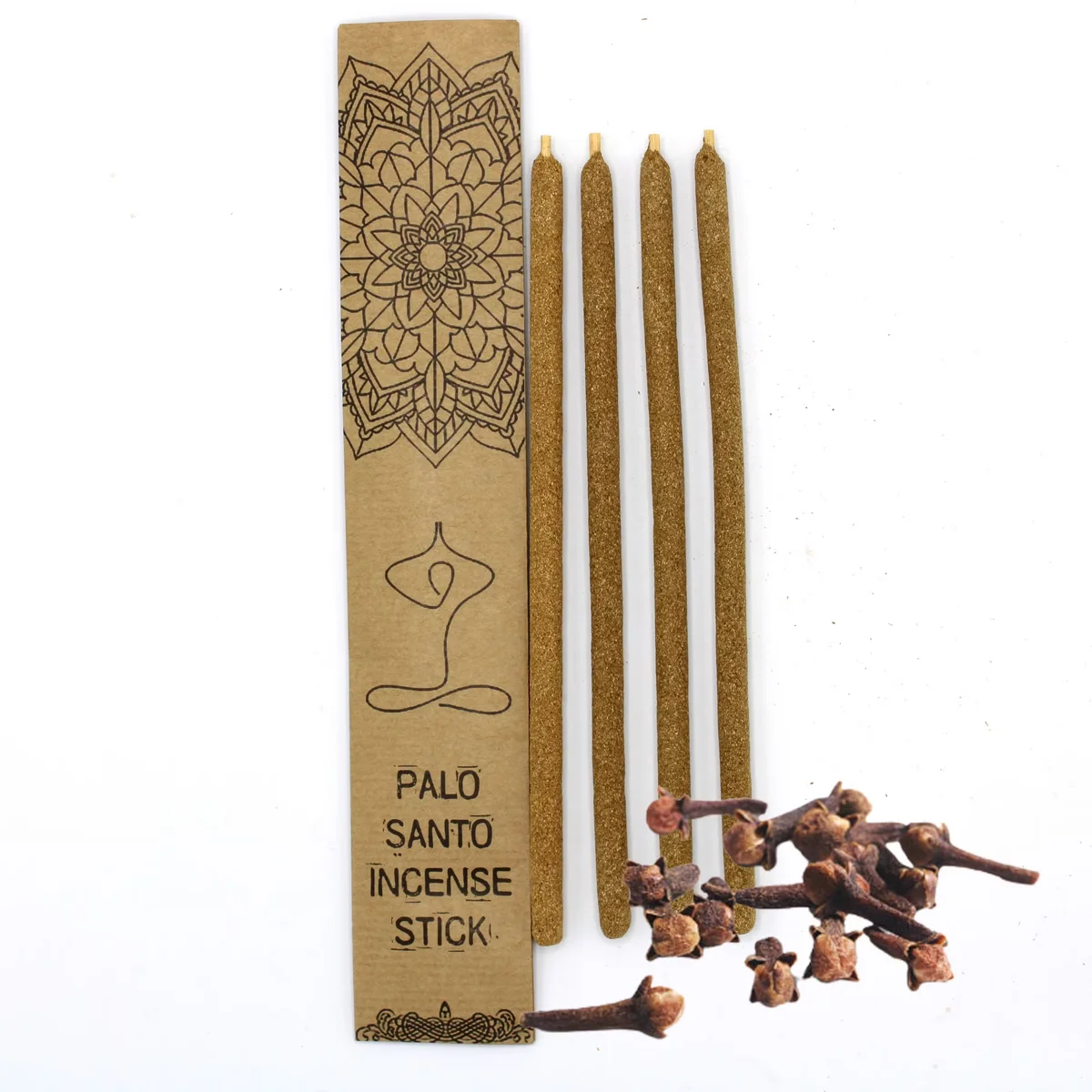 Bundle of large Palo Santo cloves aromatic incense sticks with wooden texture on a white background
