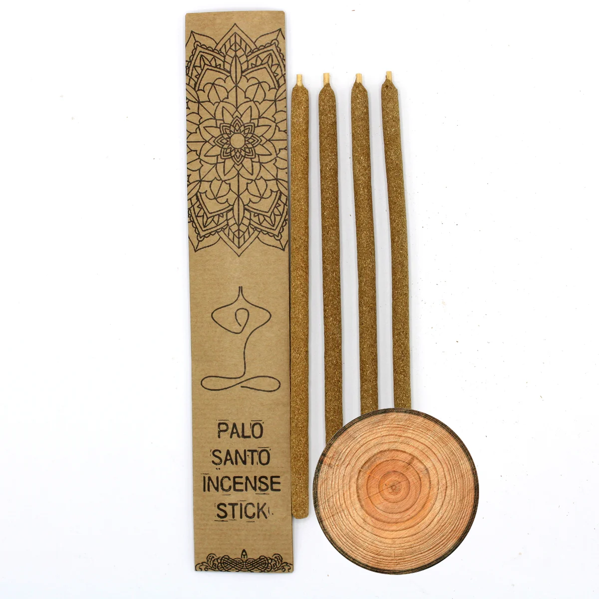 Bundle of large sandalwood incense sticks with Palo Santo packaging on a white background