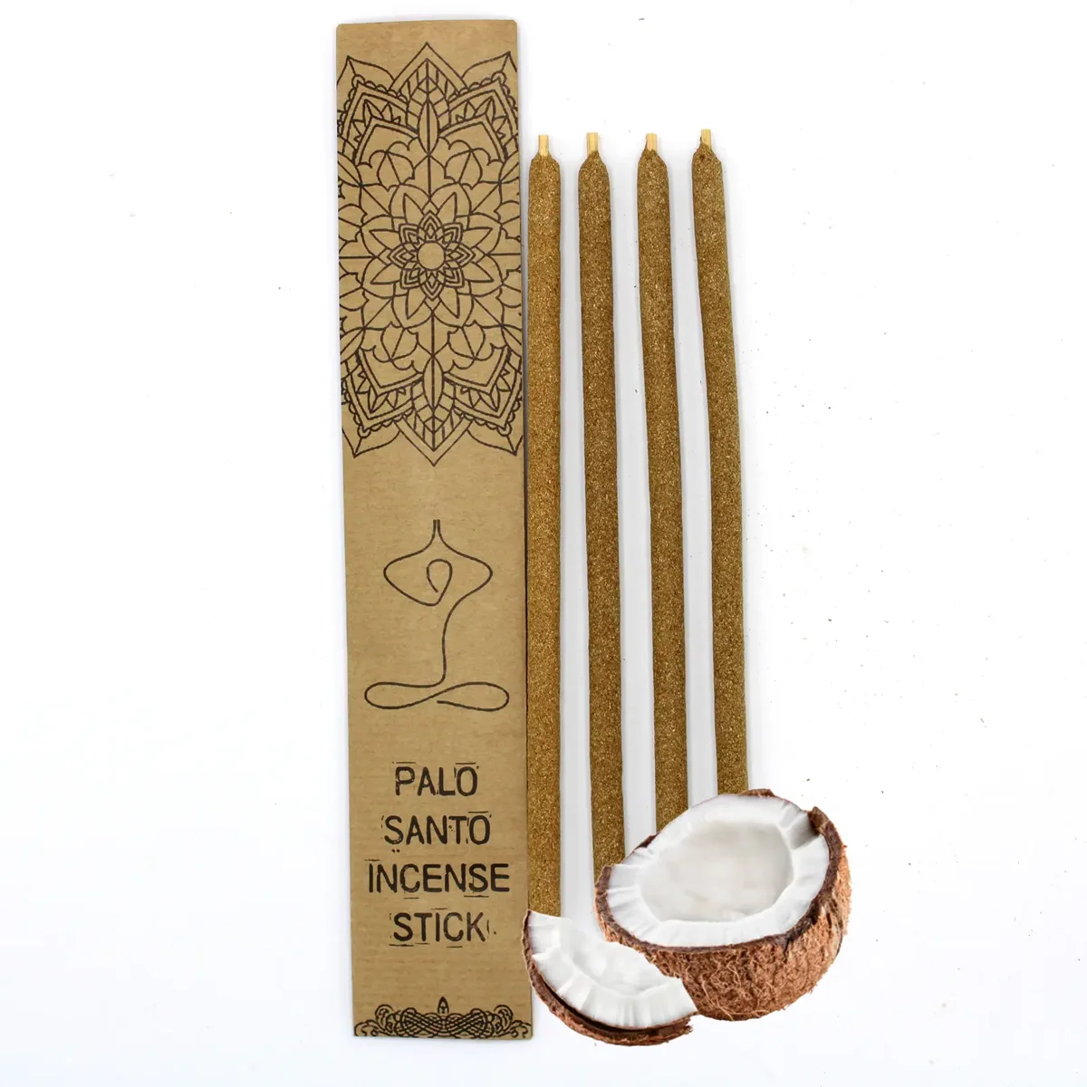 Large Palo Santo incense sticks with coconut scent arranged on a wooden surface for burning and aromatherapy use