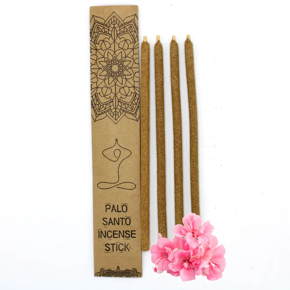 Bundle of large incense sticks labeled Palo Santo with fresh flowers scent on a plain background