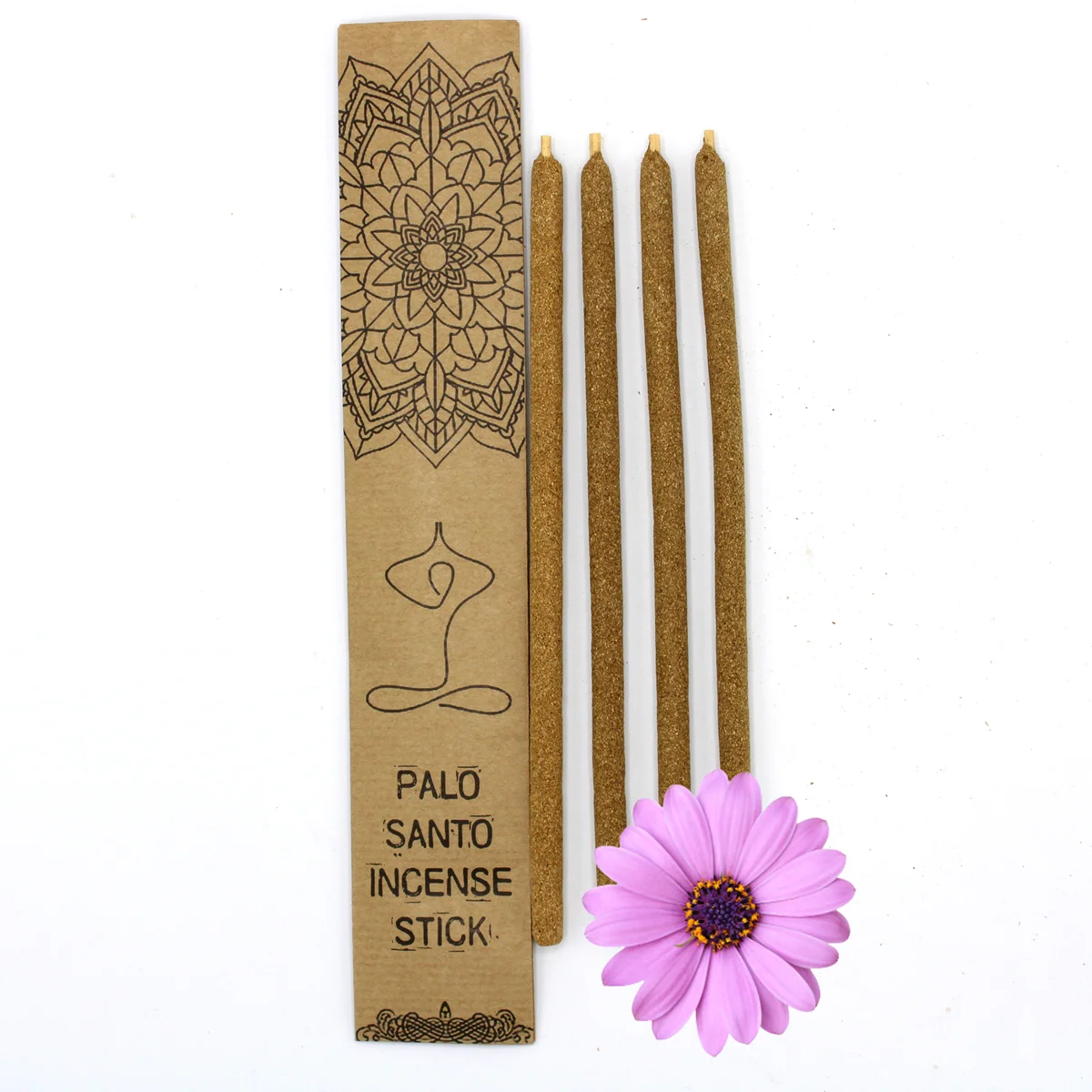 Bundle of large violet incense sticks labeled Palo Santo on a white background