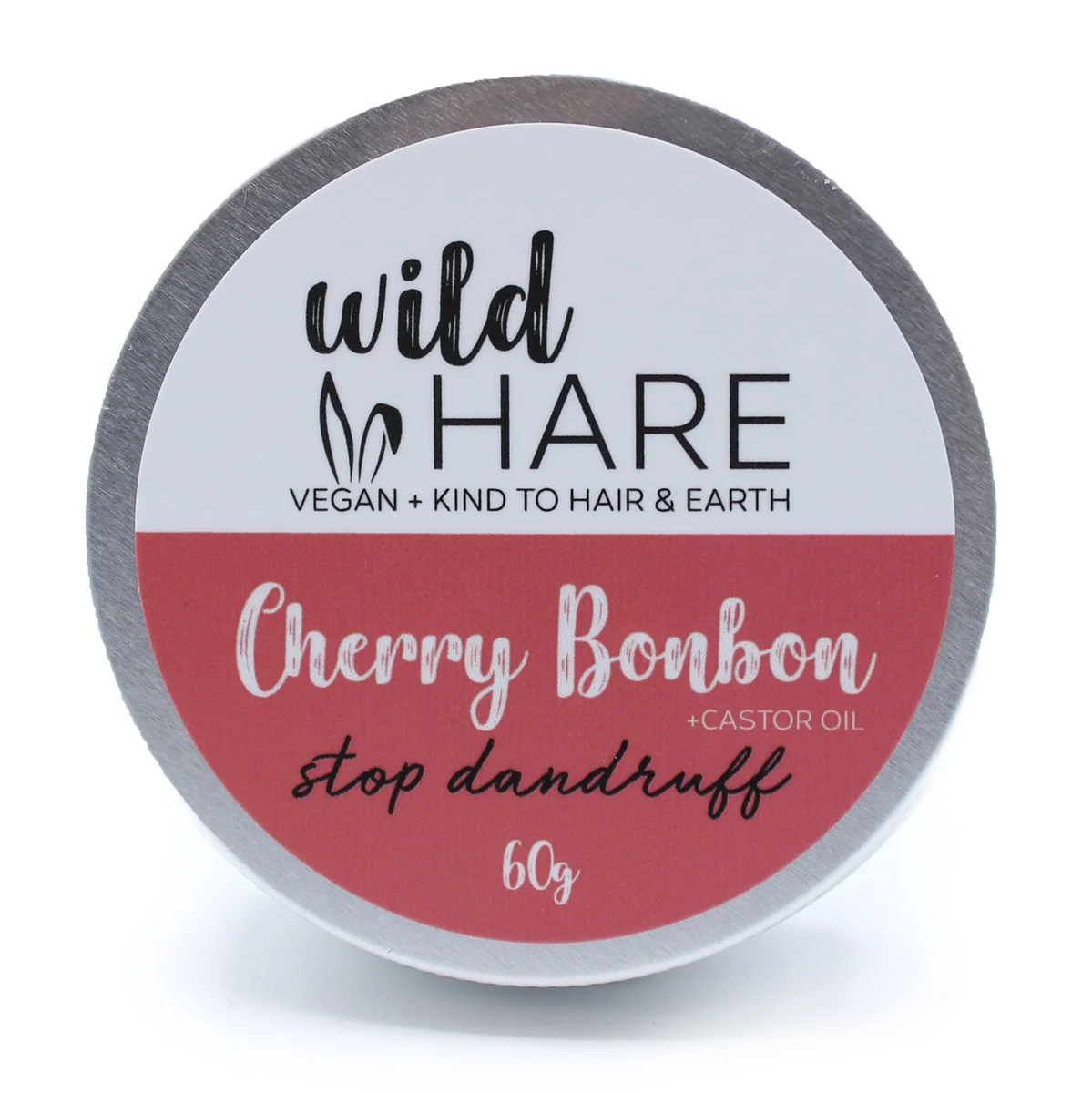 Wild Hare Cherry Bonbon solid shampoo bar in red packaging labeled cherry shampoo bar, 60g weight visible on box