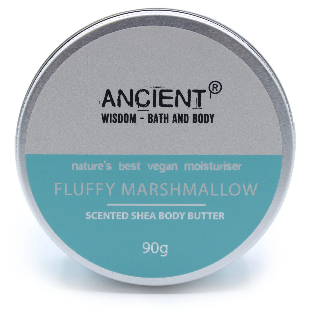 90g jar of fluffy marshmallow scented moisturising body butter with creamy texture on white background