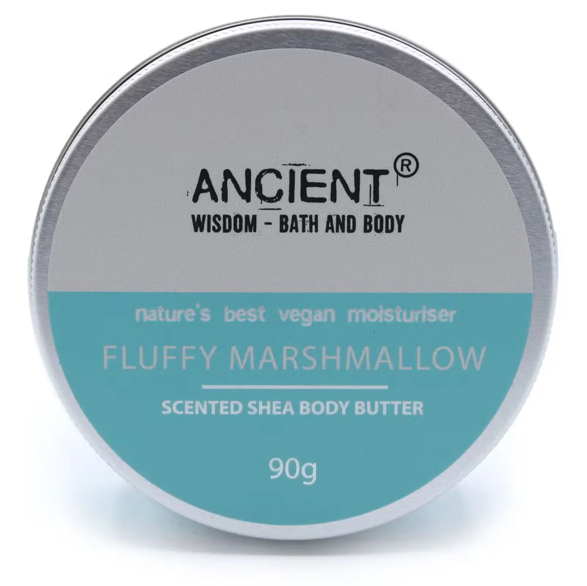 Open 90g body cream jar of Fluffy Marshmallow scented shea body butter with creamy texture visible inside