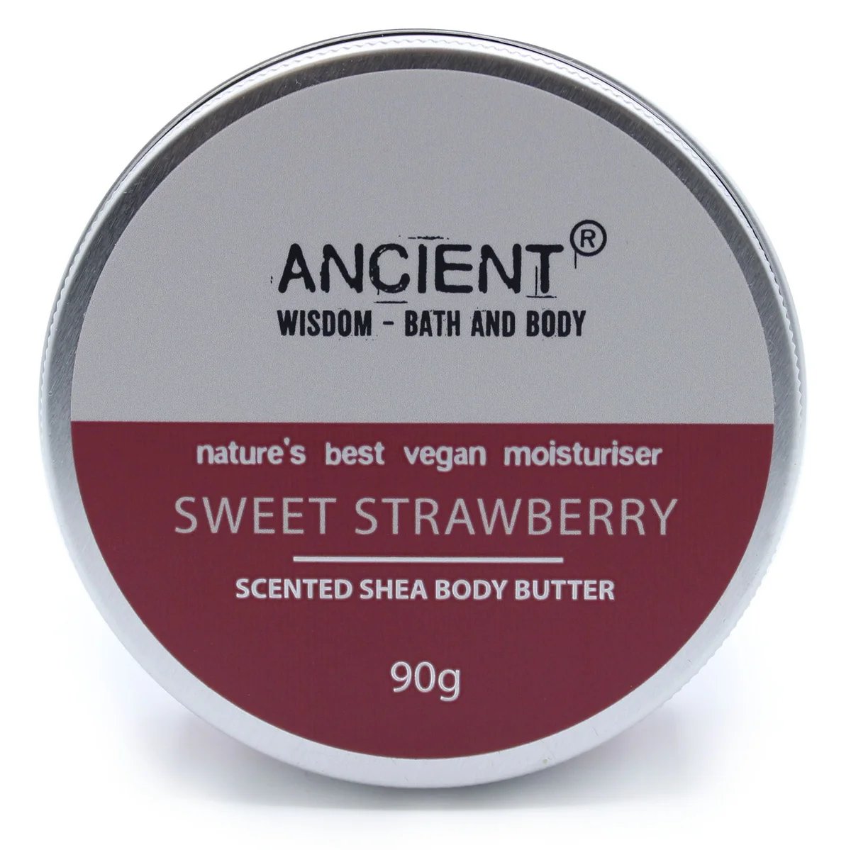 90g jar of sweet strawberry scented shea body butter with pink label on white background