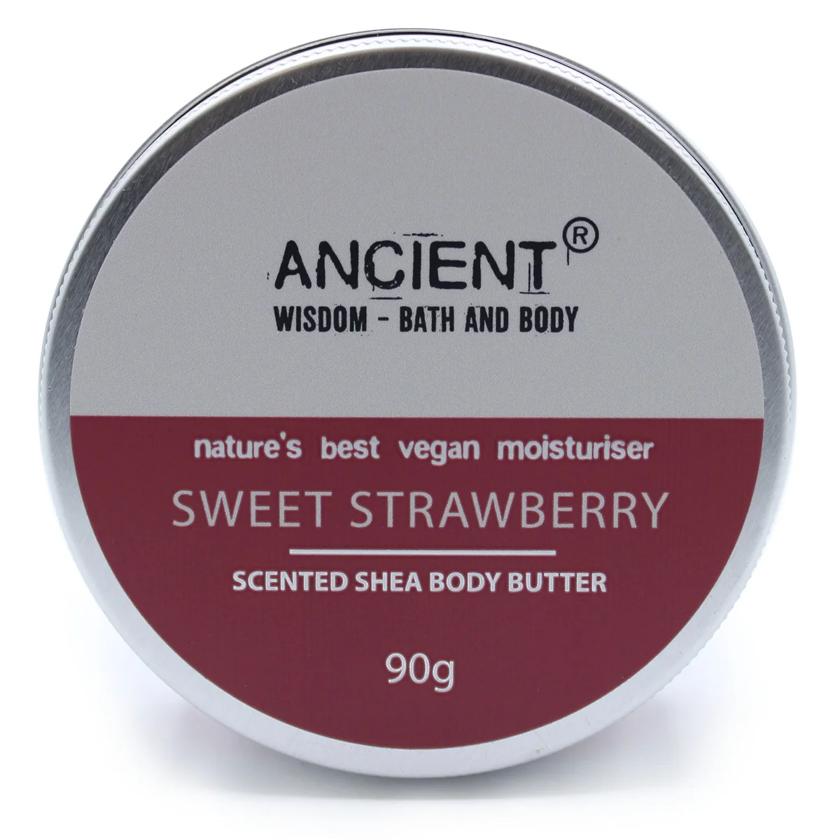 Open jar of sweet strawberry body butter showing creamy pink shea butter texture in 90g container