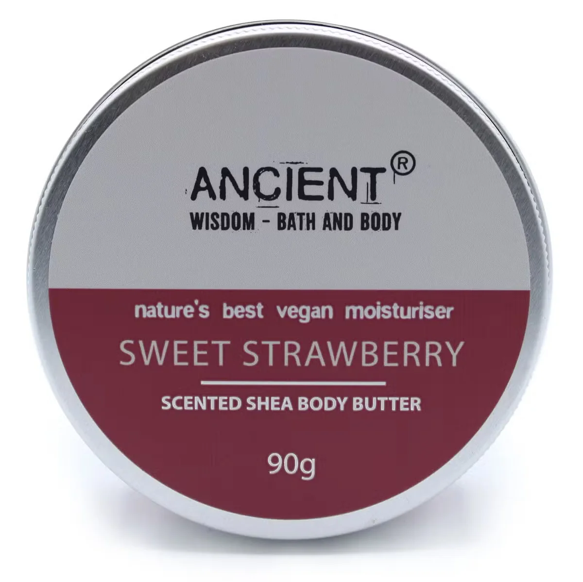 90g body butter jar labeled Sweet Strawberry scented shea body butter with a creamy texture on a white background