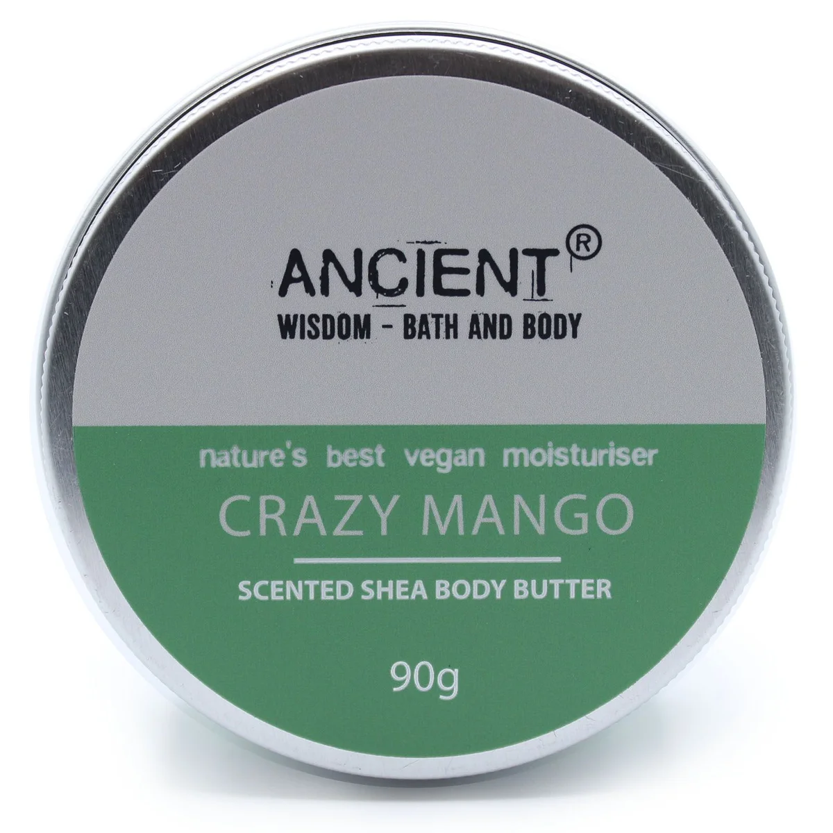 90g jar of Crazy Mango scented shea body butter with yellow and orange label on white background