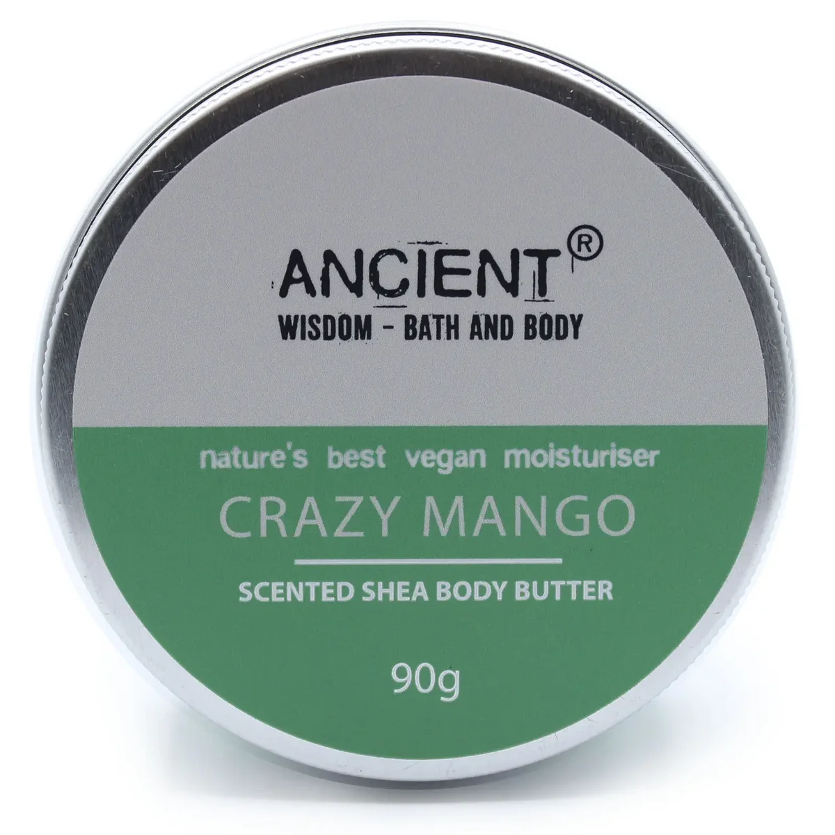 90g jar of Crazy Mango scented body butter with creamy texture and vibrant yellow packaging on white background