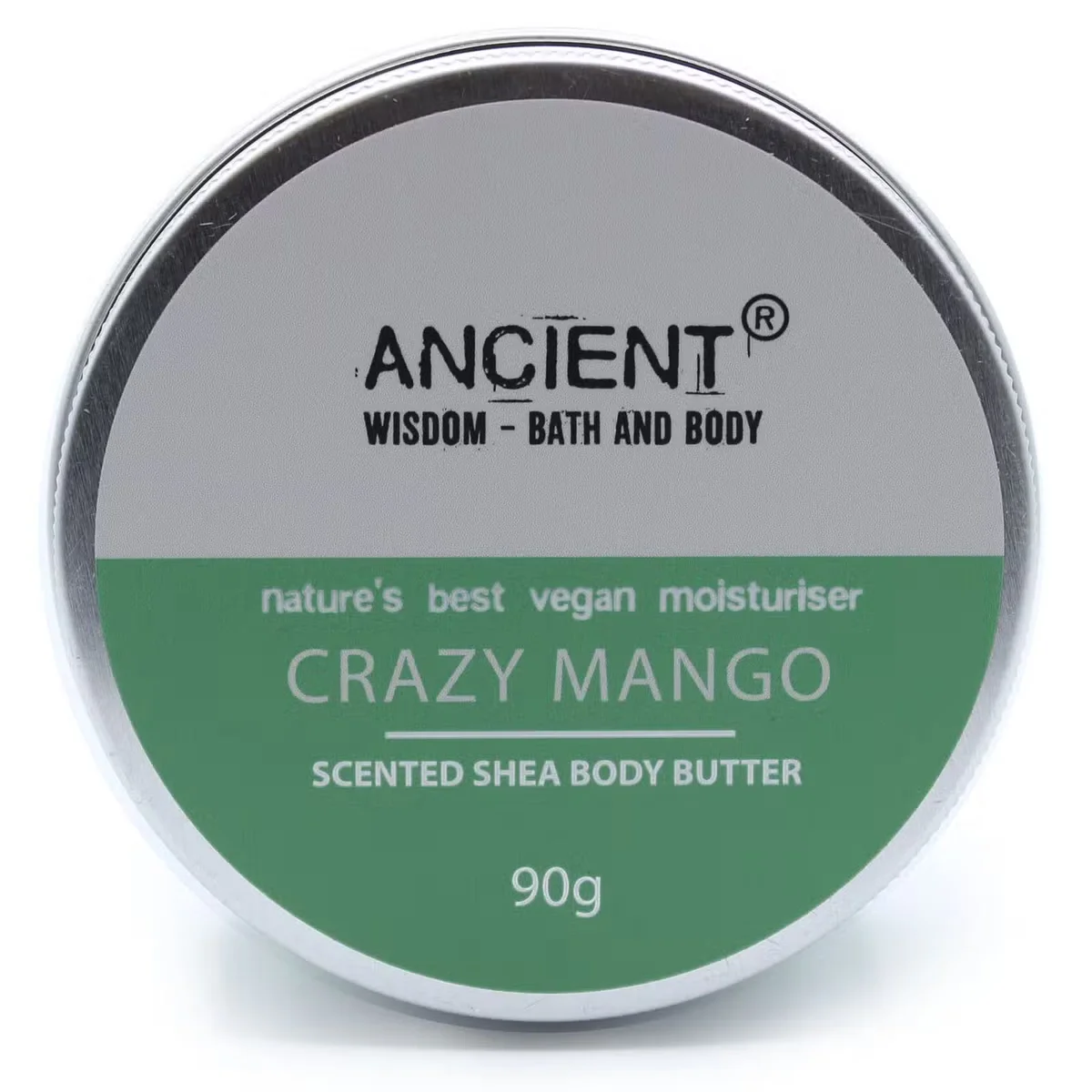 90g jar of Crazy Mango scented shea body butter, a moisturising body cream with rich, creamy texture on white background