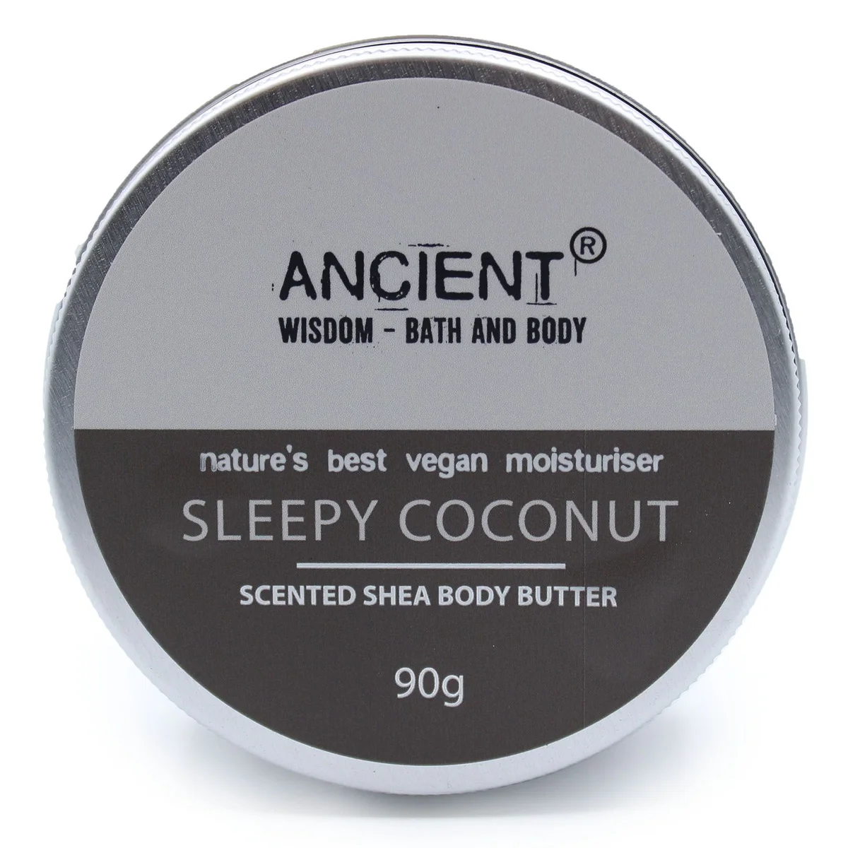 90g jar of Sleepy Coconut scented shea body butter with creamy texture on white background