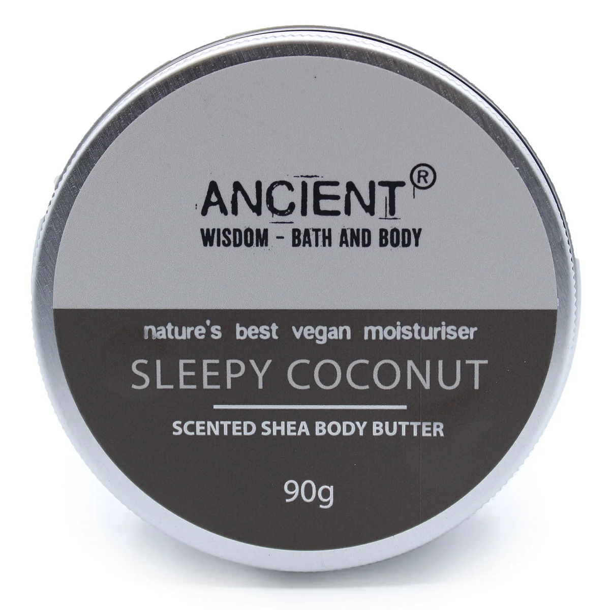 Open 90g jar of sleepy coconut body butter with creamy texture on white background