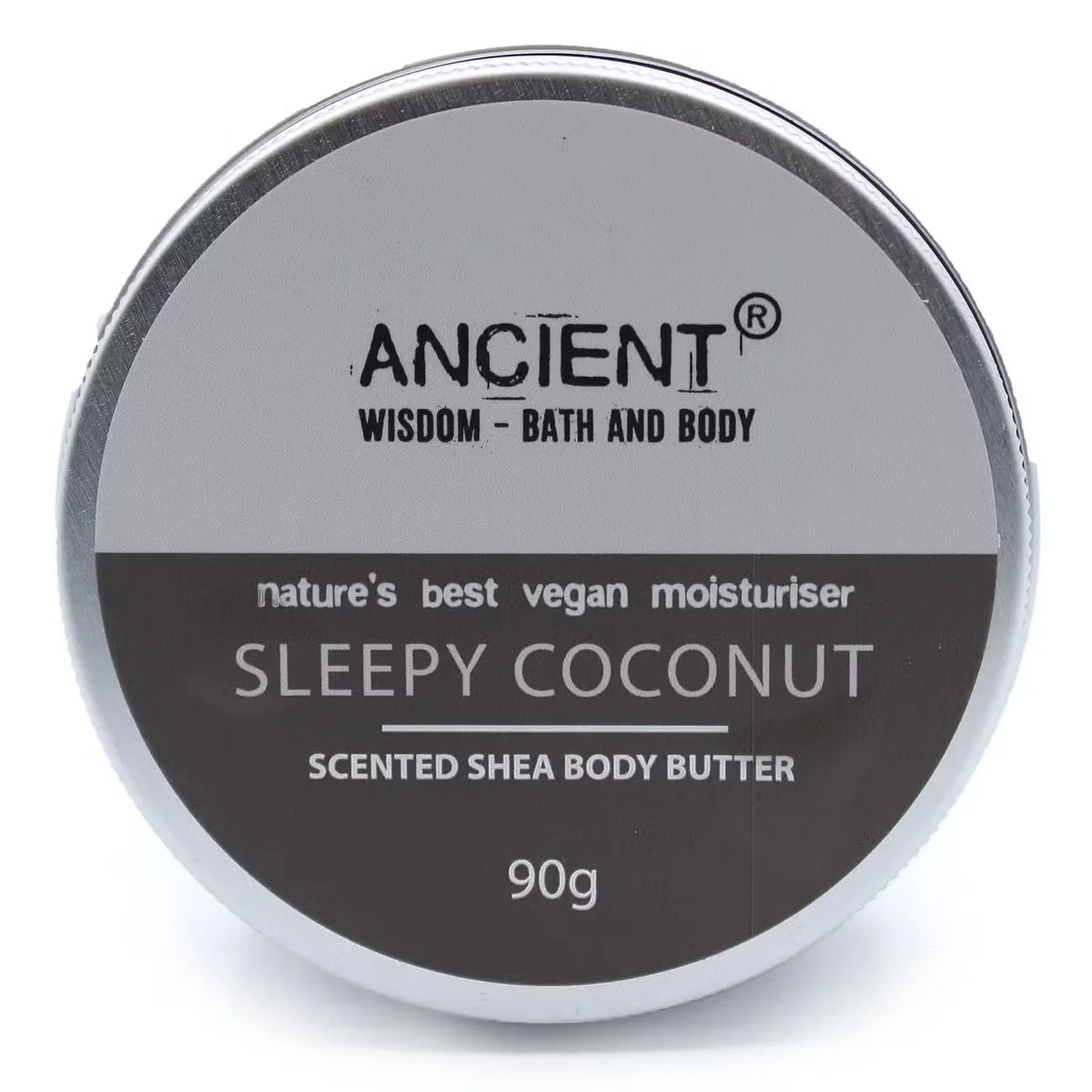 Open 90g jar of Sleepy Coconut moisturising shea butter body butter with creamy texture on white background