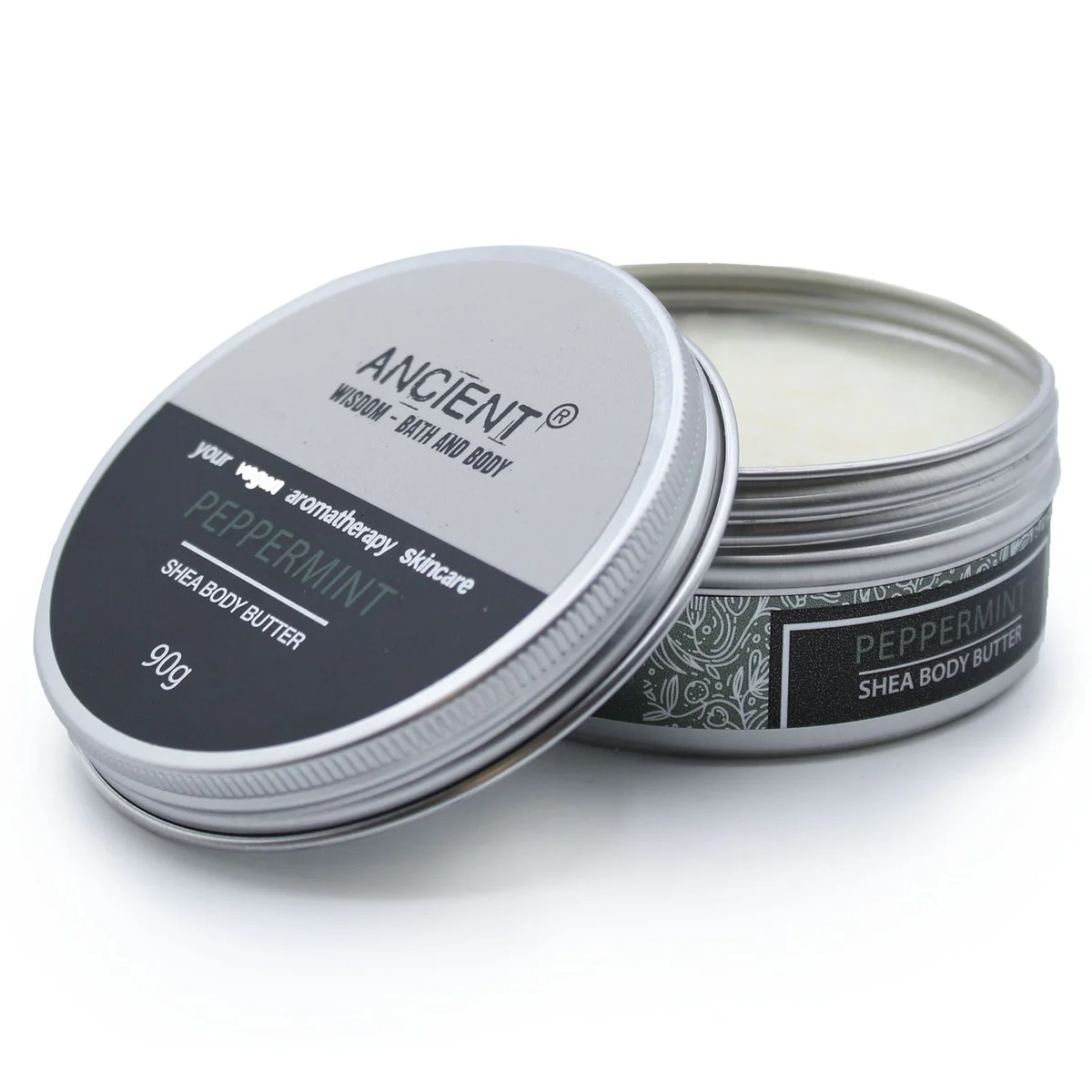 Container of Aromatherapy Shea Body Butter Peppermint 90g with green and white label on white background