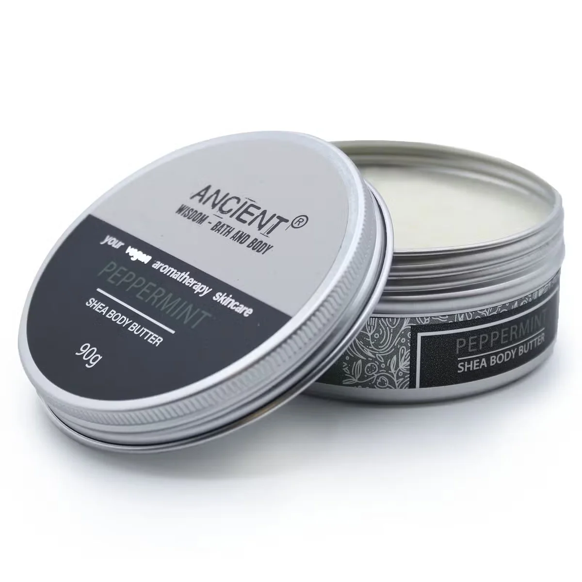 Open jar of Aromatherapy Peppermint Shea Butter Cream showing smooth white body butter texture in 90g container