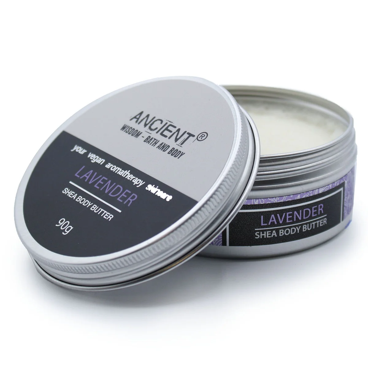 90g jar of Aromatherapy Lavender body butter with shea, labelled and unopened on plain background
