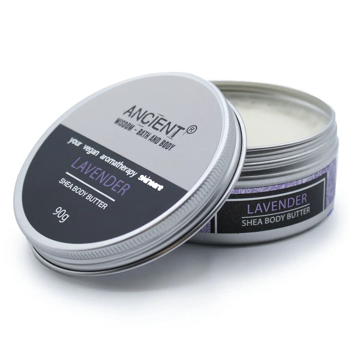 90g jar of lavender aromatherapy body butter with shea, cream-colored texture and purple label on a white background