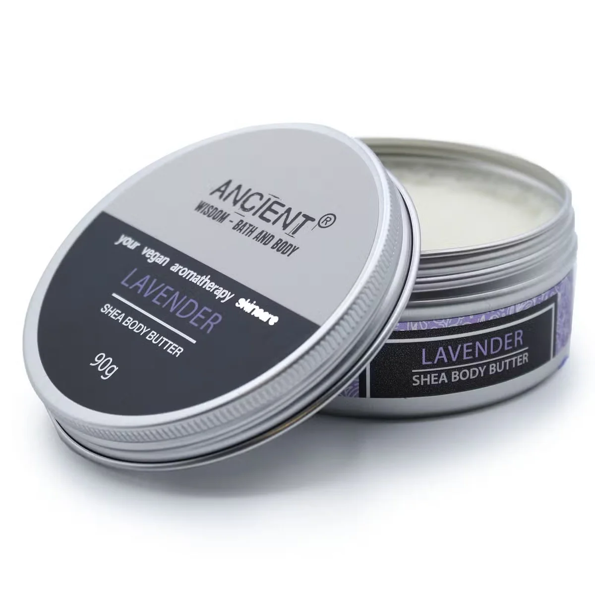 Open 90g jar of moisturising lavender butter with creamy texture and lavender label for aromatherapy skincare
