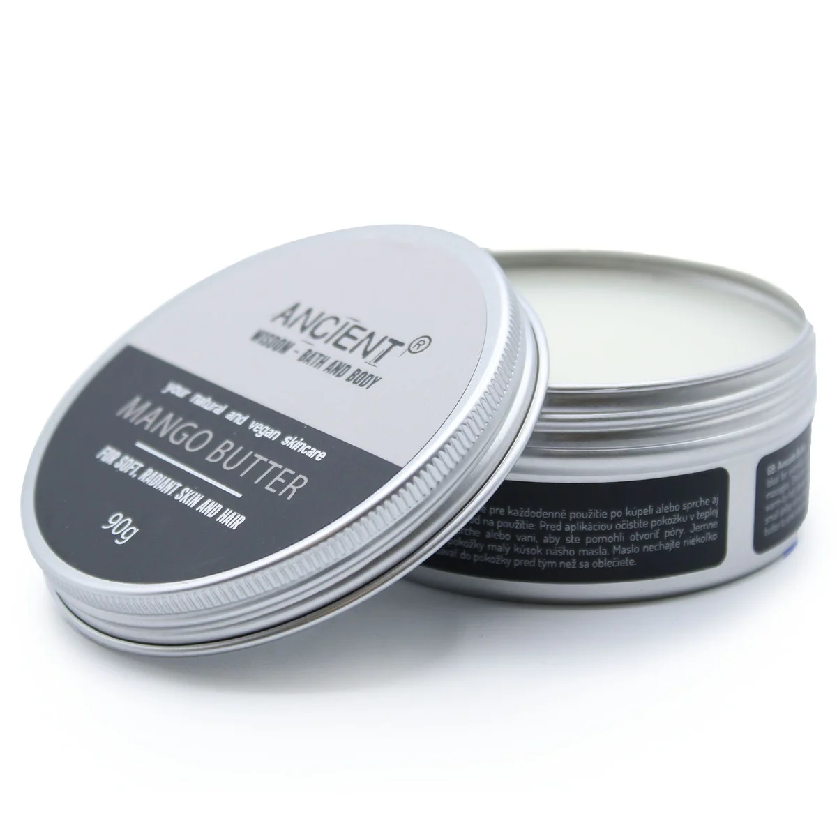 90g jar of mango body butter with creamy texture and natural mango butter ingredients on a white background