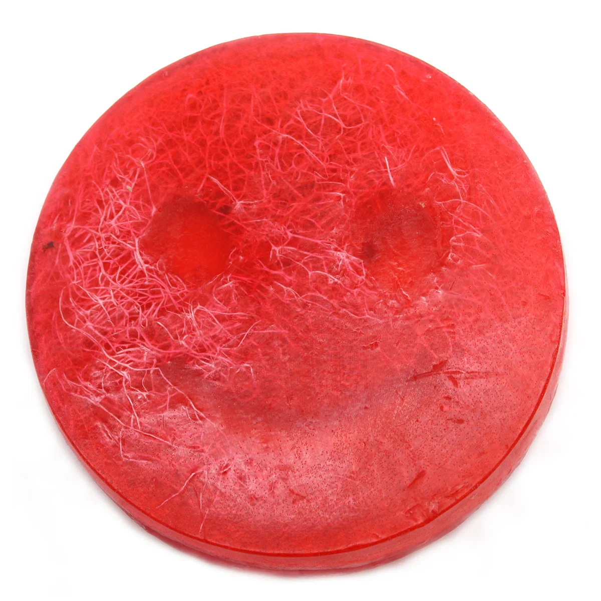 Bar of Happy Scrub exfoliating body soap with strawberry and guava scent in bright packaging on white background