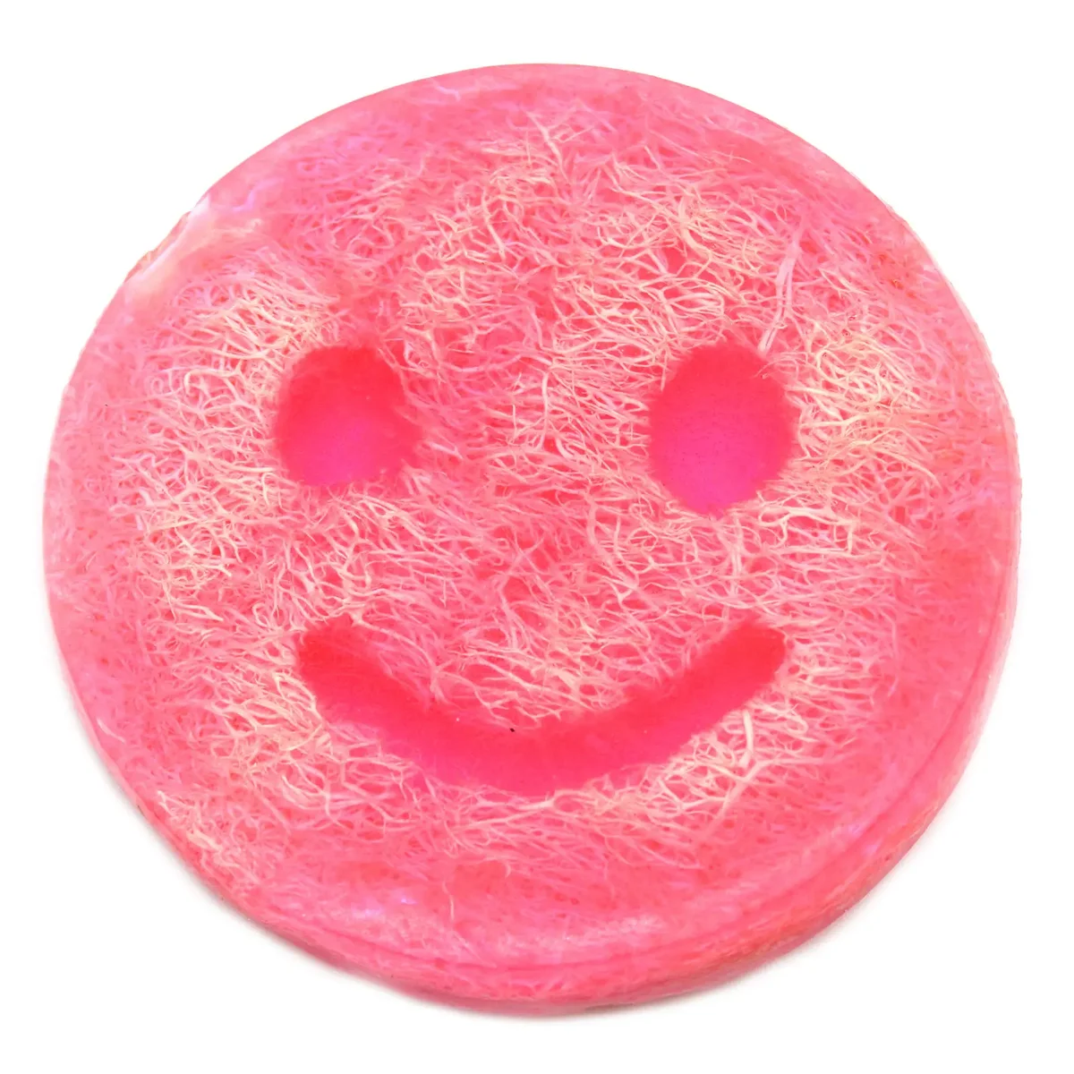 Happy Scrub Soap bar in bubblegum scent with bright colorful packaging on white background
