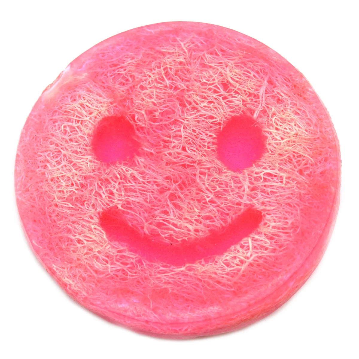 Bright pink Happy Scrub bath soap bubblegum bar with smooth surface and rounded edges on white background