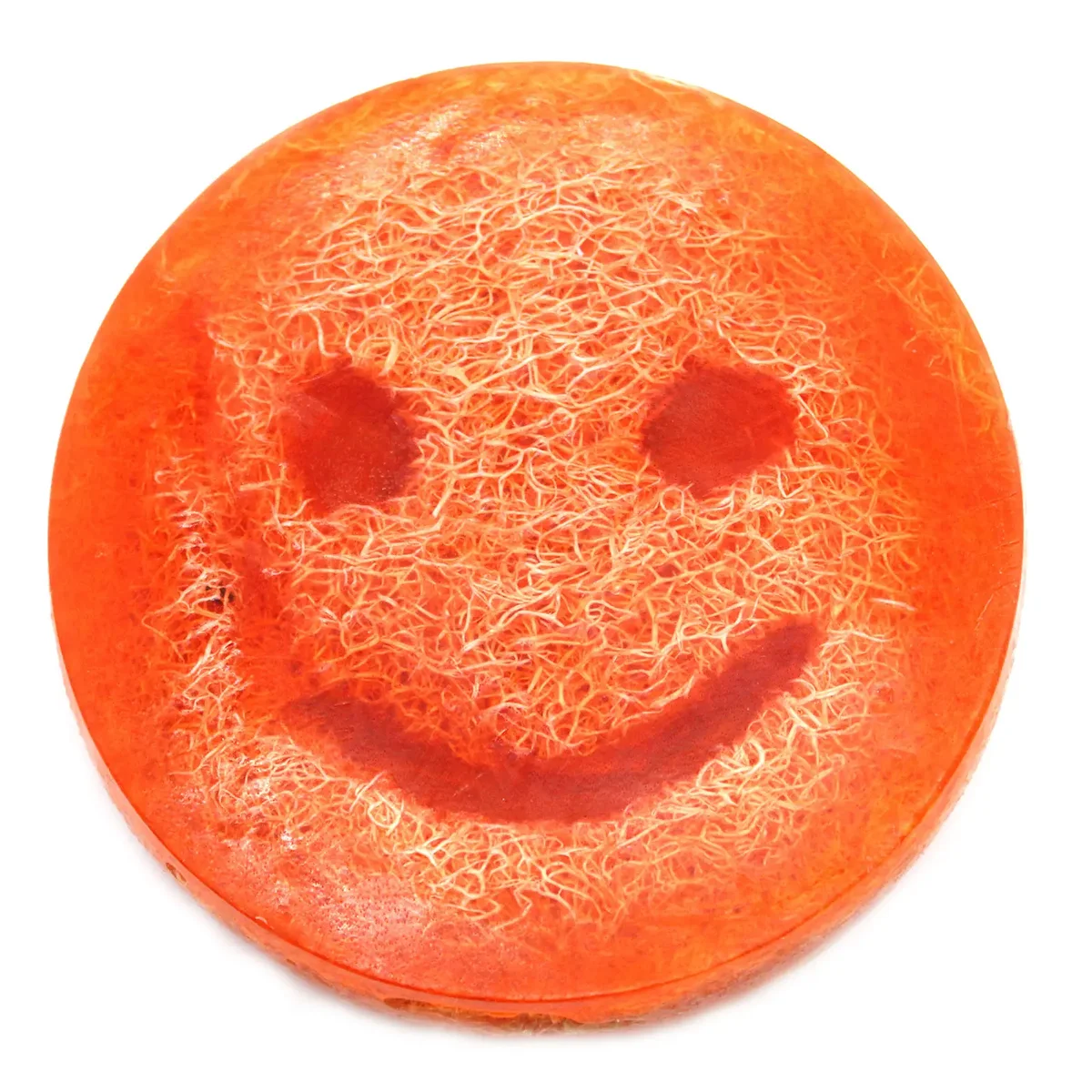 Bar of Happy Scrub Soap in grapefruit scent with orange and pink packaging on white background