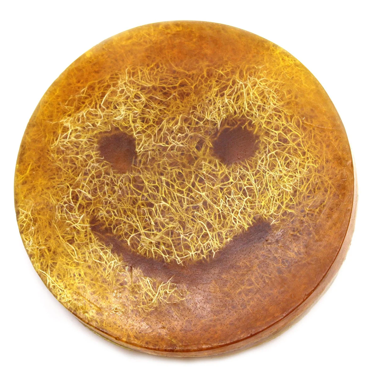 Bar of Happy Scrub Pinacolada soap with tropical-themed packaging on a white background