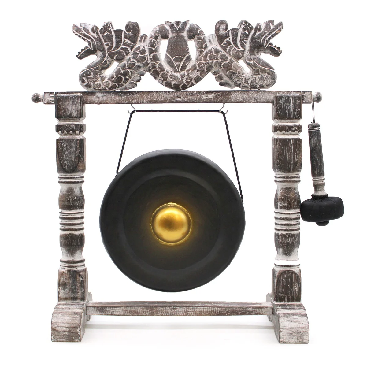 Small healing gong in a black stand, 25cm diameter, used for sound therapy and meditation sessions