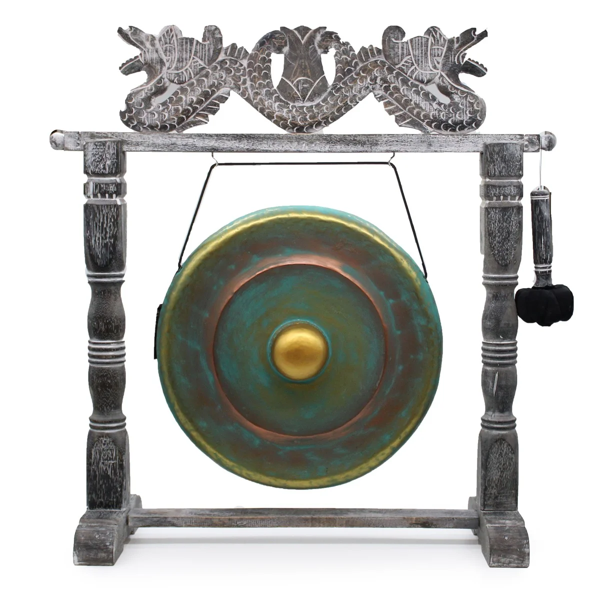 Medium gong in stand with greenwash finish, 50cm diameter, displayed on wooden frame against white background