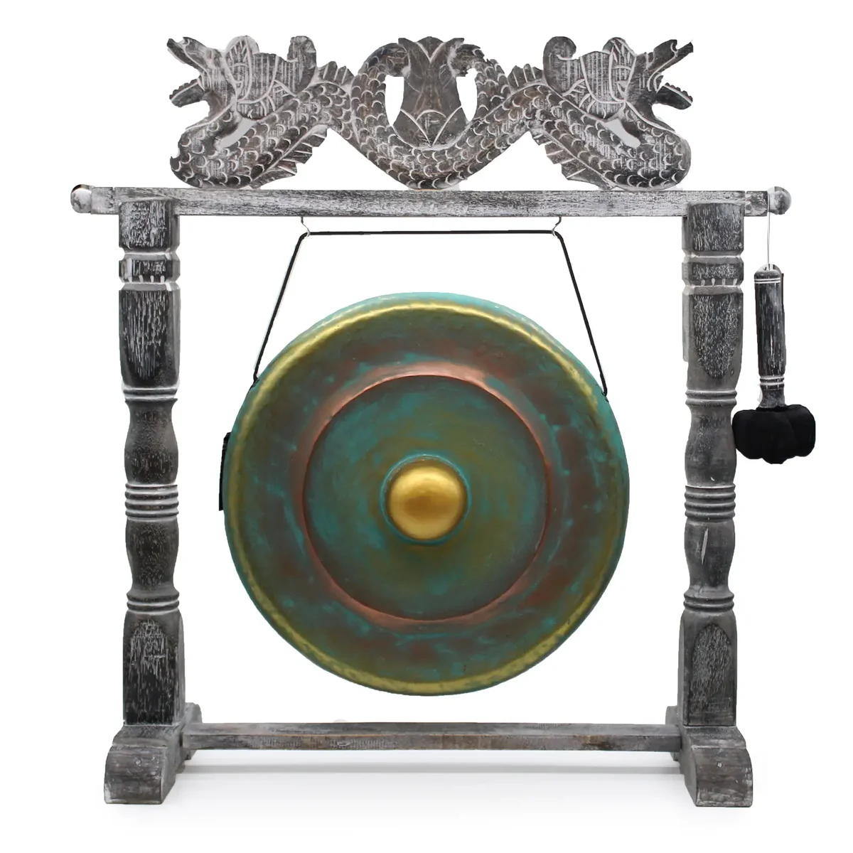 Medium 50cm gong in greenwash finish hanging in a black metal stand on a white background