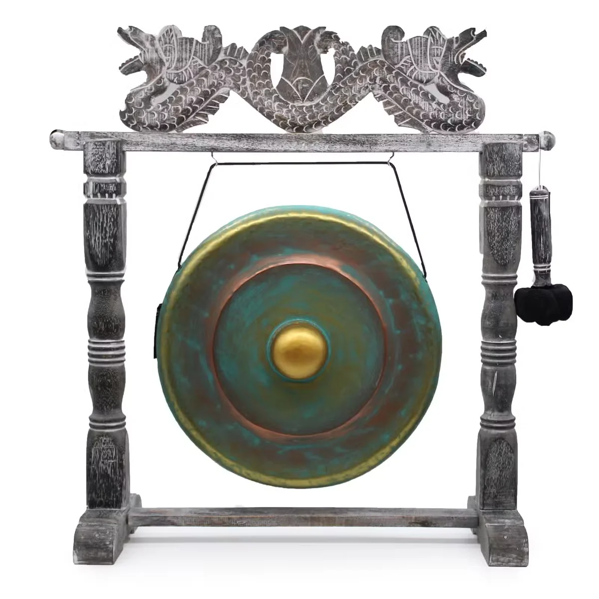 Medium greenwash decorative gong with stand, 50cm diameter, displayed on a simple wooden frame against white background