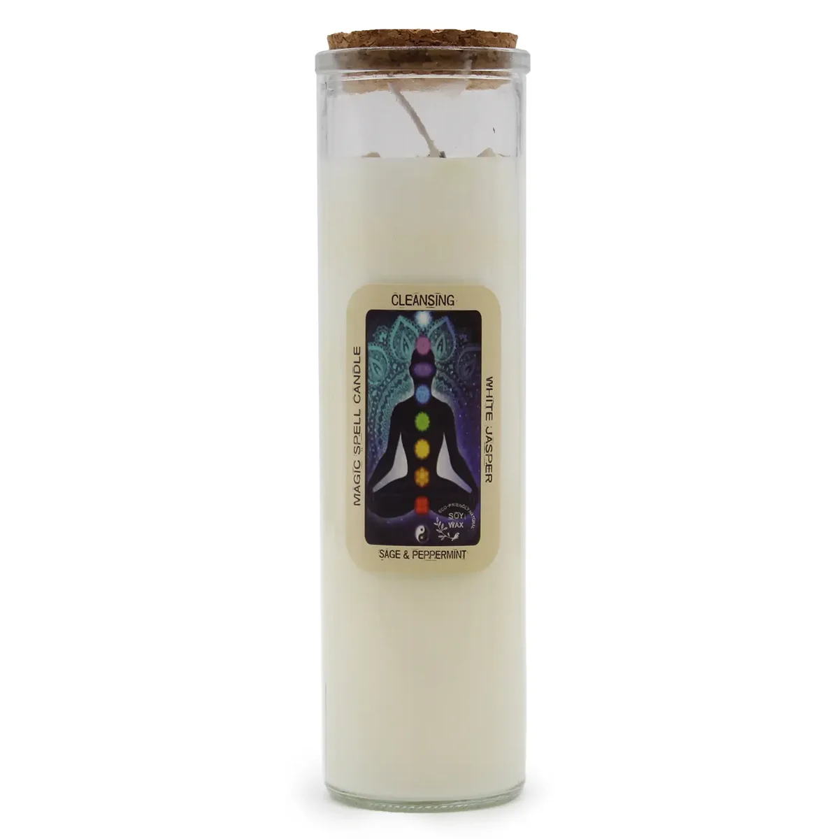 White magic spell cleansing candle in a glass jar with label, designed for spiritual cleansing rituals